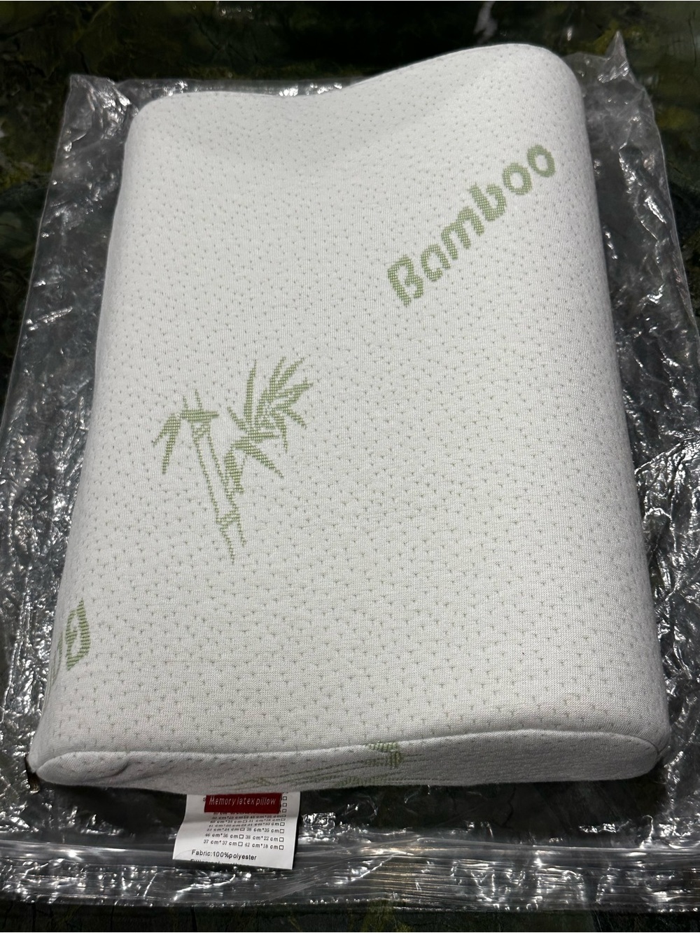 BAMBOO White Memory Foam Contour Pillow with Light Green Bamboo Print